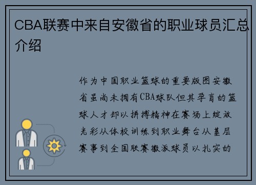 CBA联赛中来自安徽省的职业球员汇总介绍